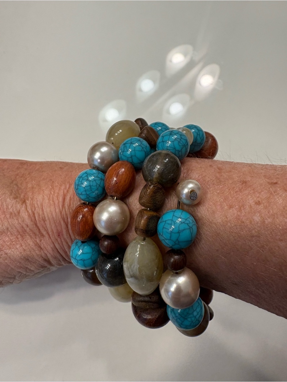 Boho Turquoise, Pearl & Wood Beaded Wrap Bracelet